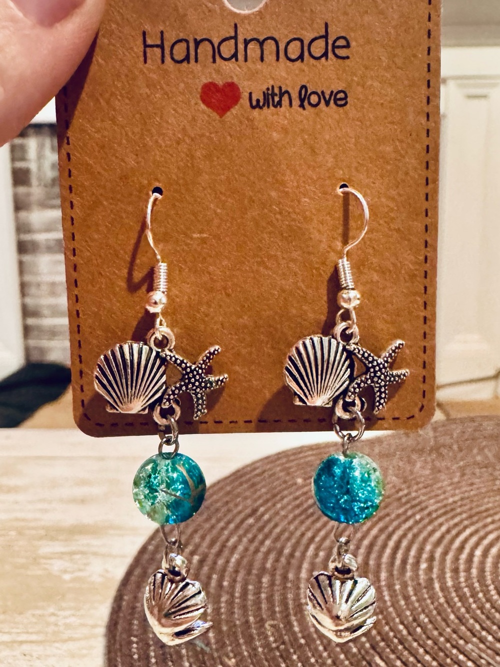 Handmade Seashell & Starfish Dangle Earrings with Teal Crackle Beads